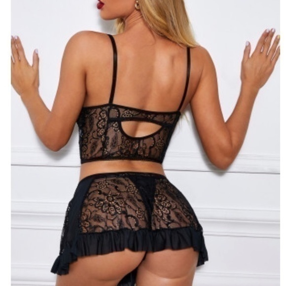 3 piece floral lace skirt set negligee black lingerie NEW - Picture 2 of 8